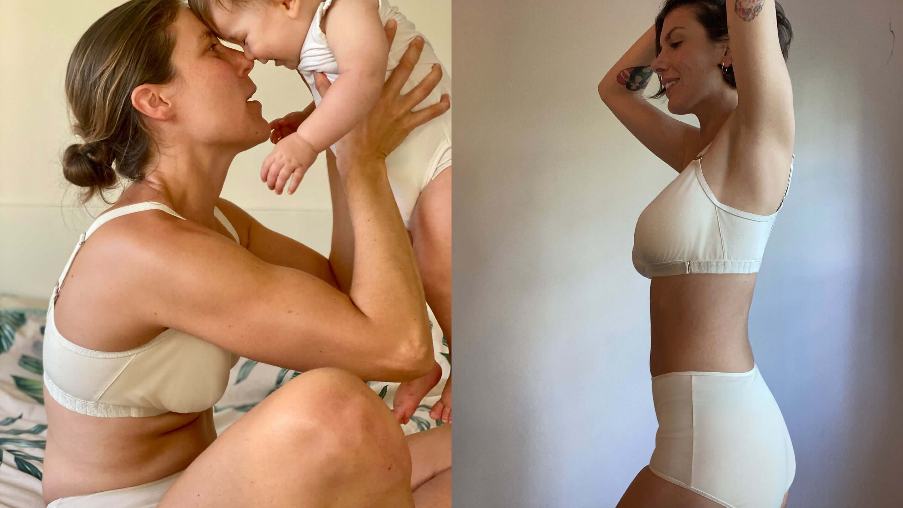 woman holding baby and wearing an organic cotton nursing bra and matching organic cotton underwear