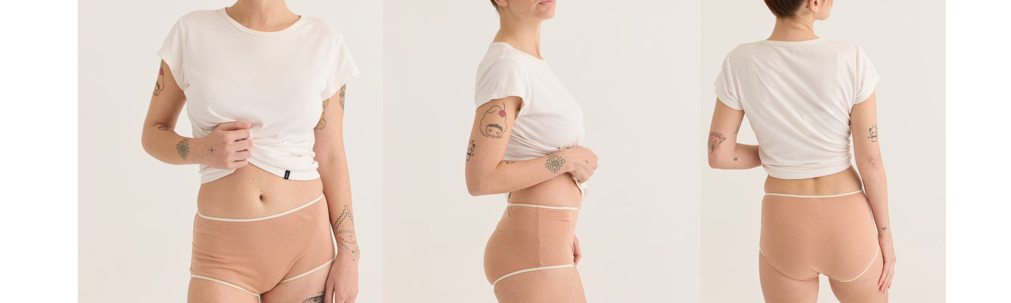 woman wearing high waisted underwear and matching nude bra