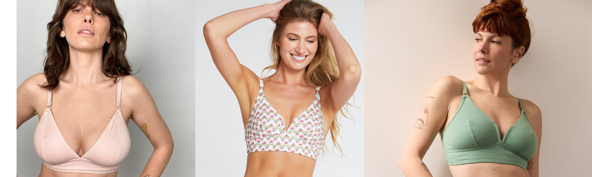 women wearing pretty bras in organic cotton, in floral, blue and sage colours, with matching high-legged briefs 