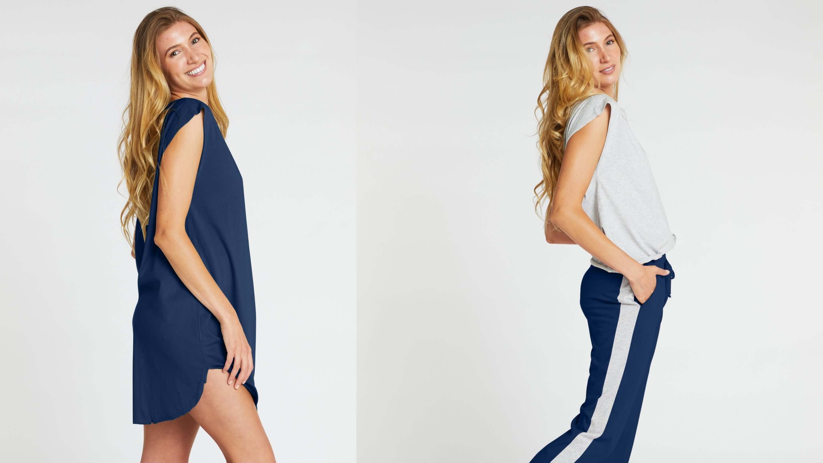 women wearing a long navy cotton nightie and grey women's tee with navy long pants