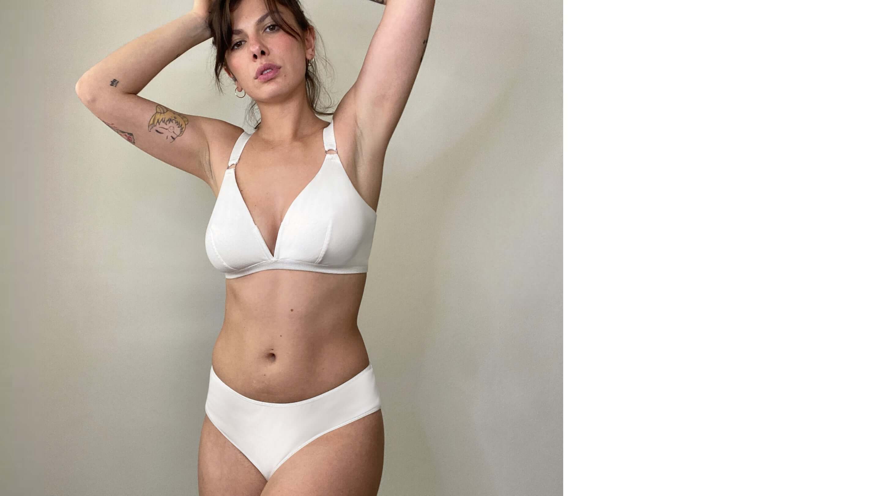woman wearing cream bra in organic cotton with matching regular briefs