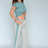 Go-Slower pants and tee, side view on model