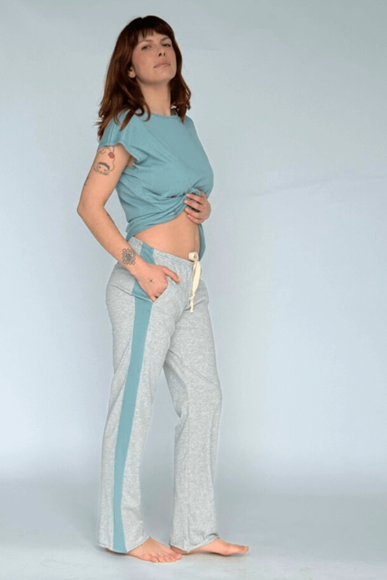 Go-Slower pants and tee, side view on model