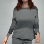 Long sleeve tee and shorts in grey, front view on model