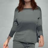 Long sleeve tee and shorts in grey, front view on model