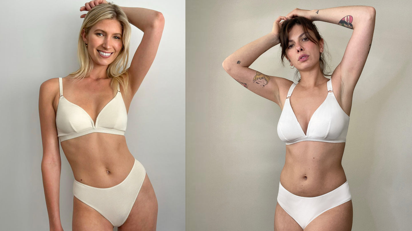 women wearing organic cotton wirefree bras and briefs