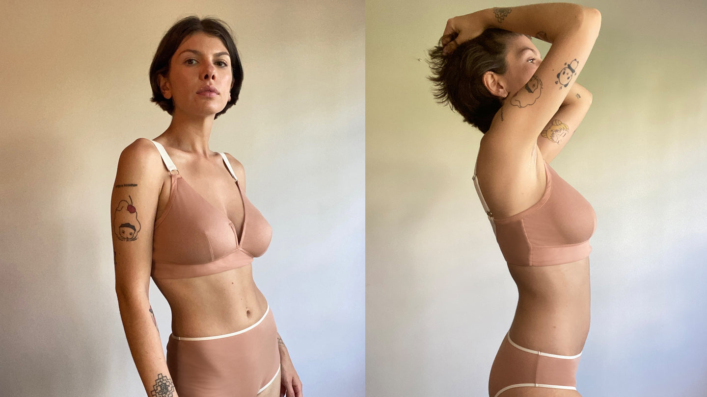 woman wearing an organic cotton and wirefree bra in a latte / nude colour with matching briefs