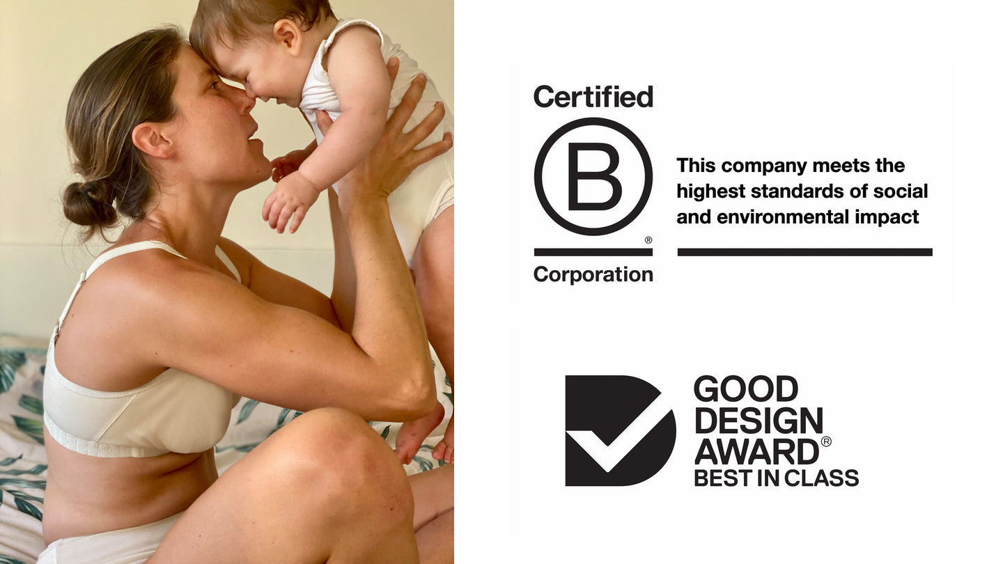 woman wearing a cotton nursing bra lifting her baby, BCorp logo and Good Design Award logo