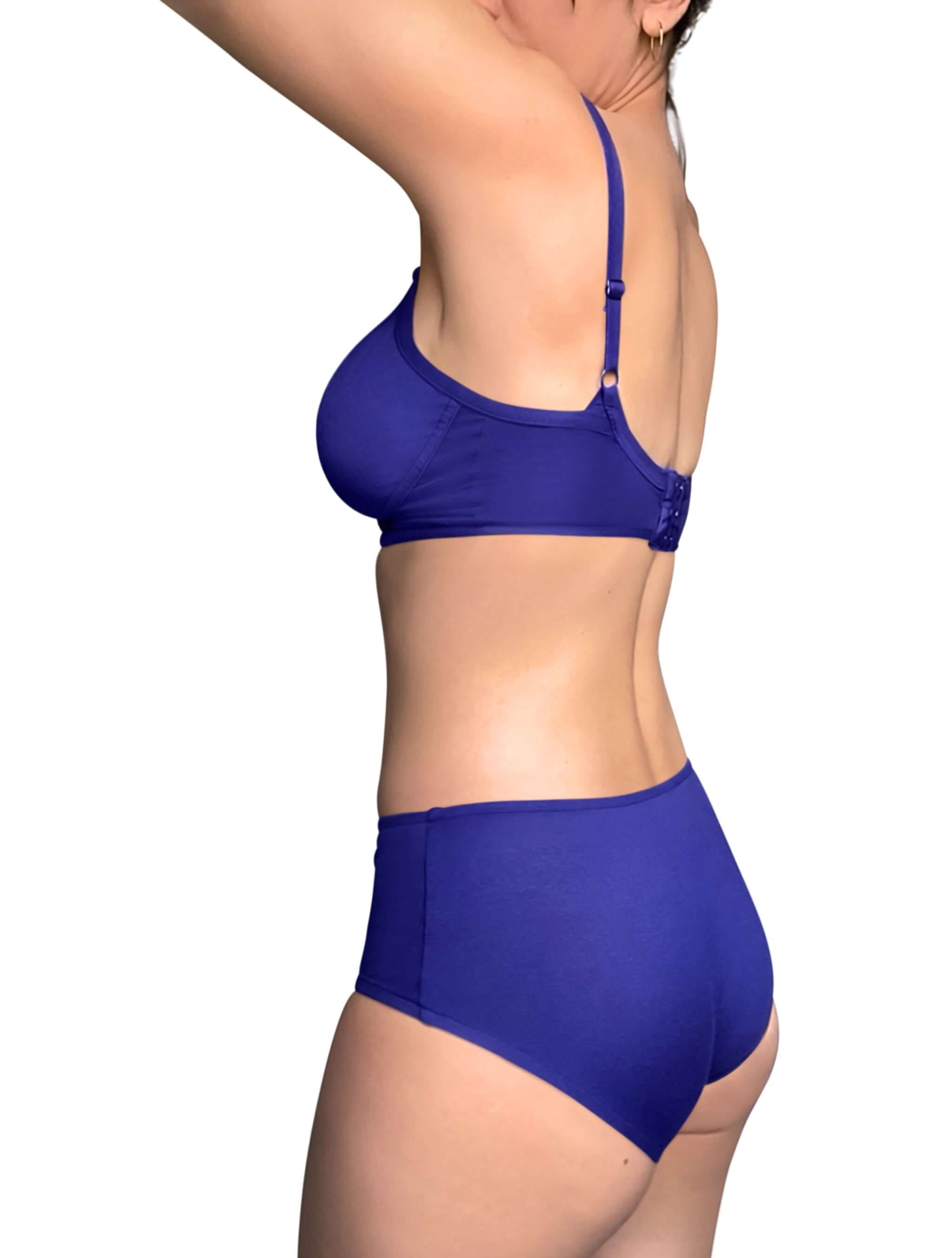image of woman facing the front wearing deep wisteria coloured bra and high waisted briefs