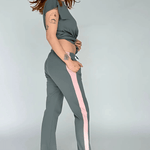Go-Slower pants and tee in grey, side view on model