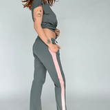 Go-Slower pants and tee in grey, side view on model