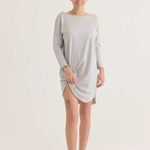 Long sleeve tee dress in grey, worn by a model