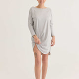 Long sleeve tee dress in grey, worn by a model