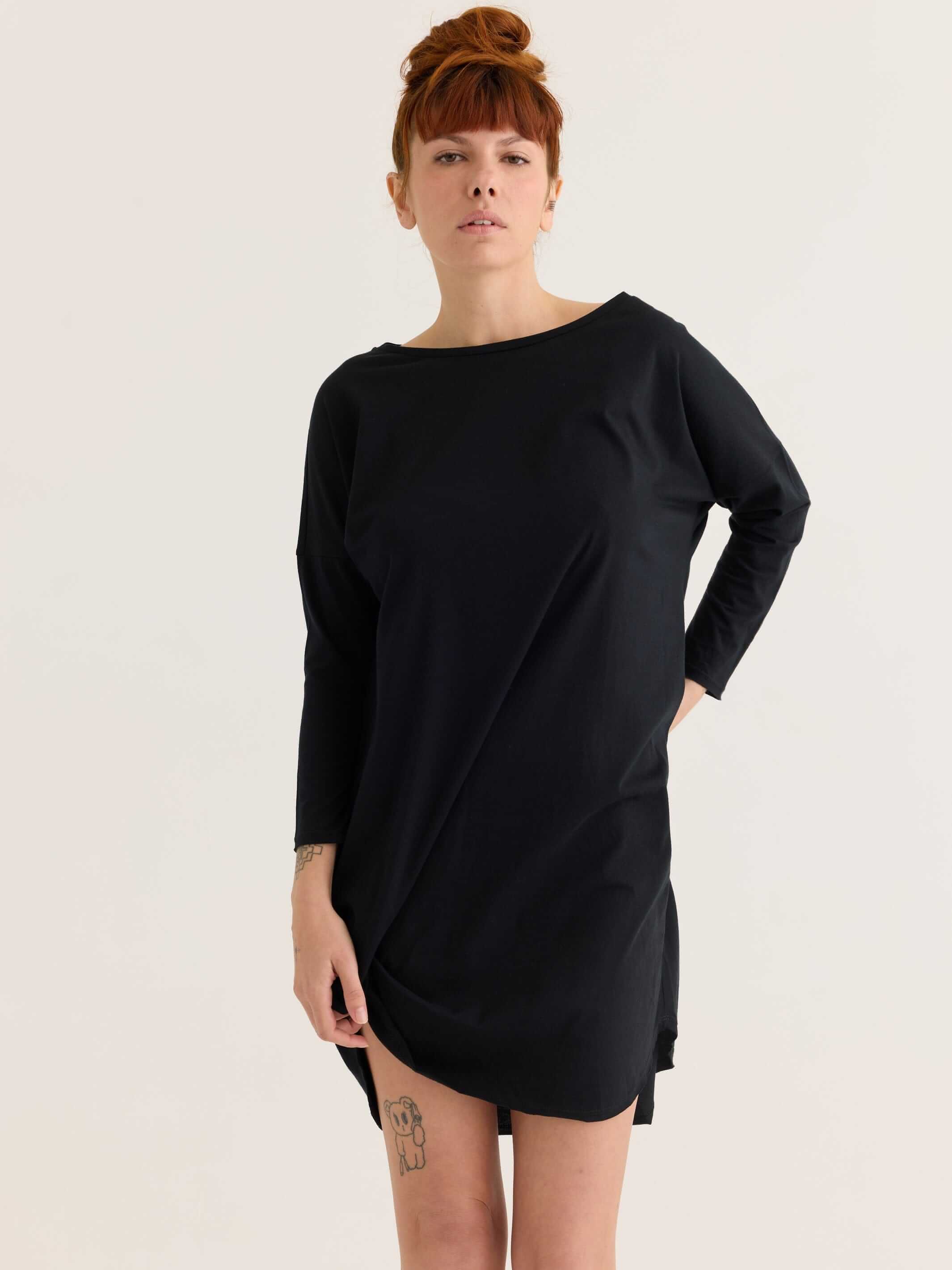 long sleeve tee dress in black, front view