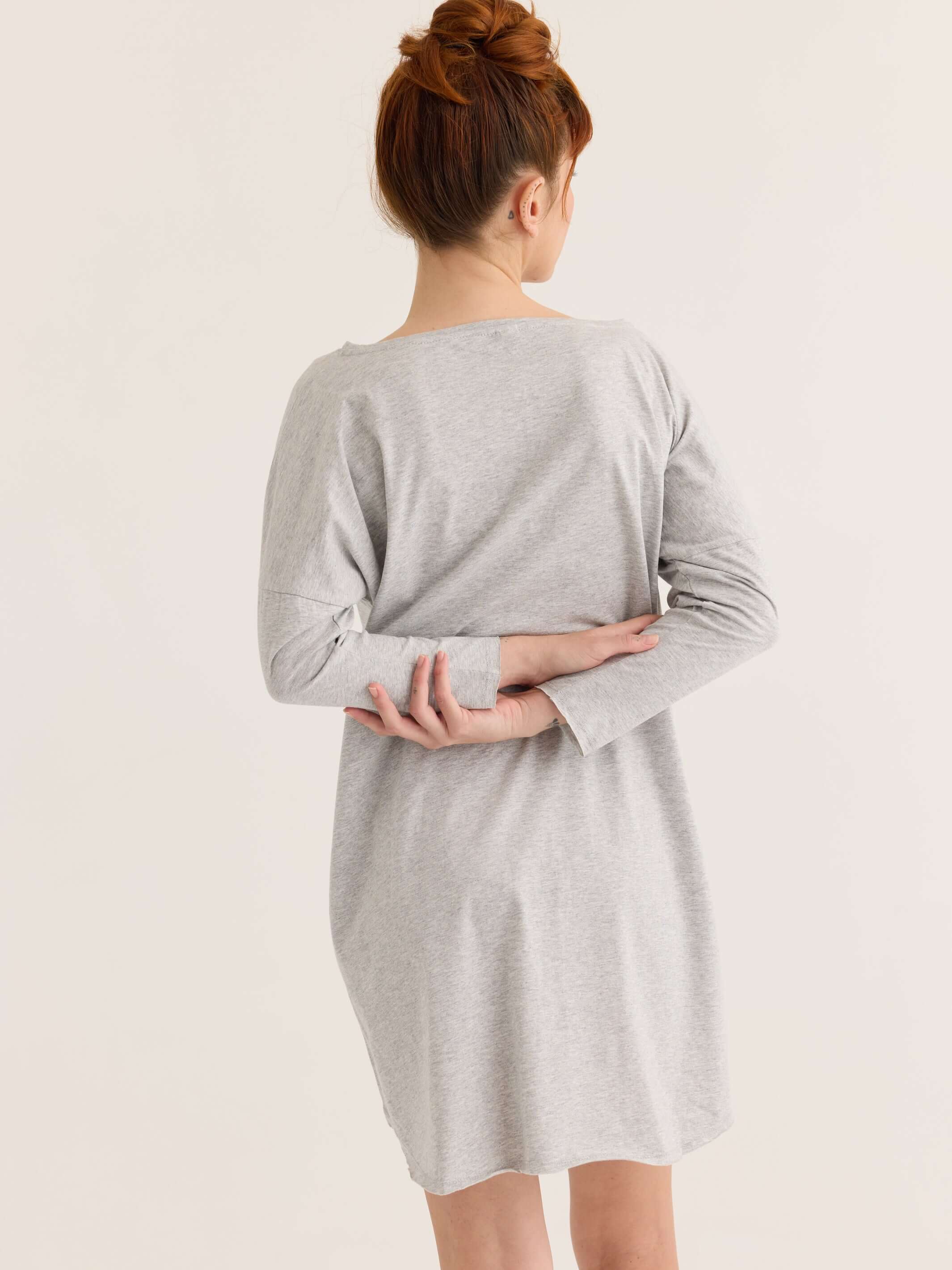 long sleeve tee dress in grey, back view