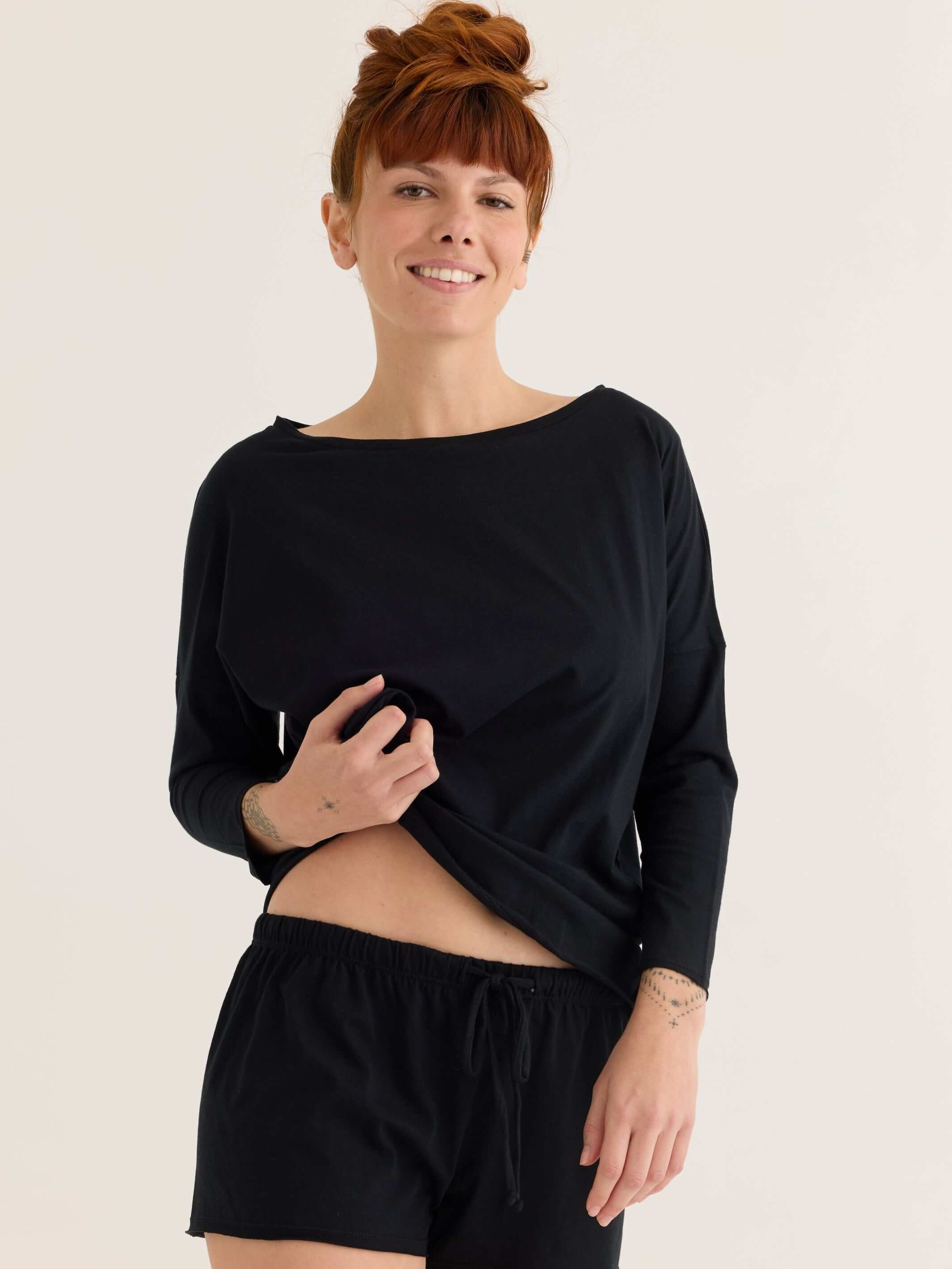 long sleeve tee in black, front view