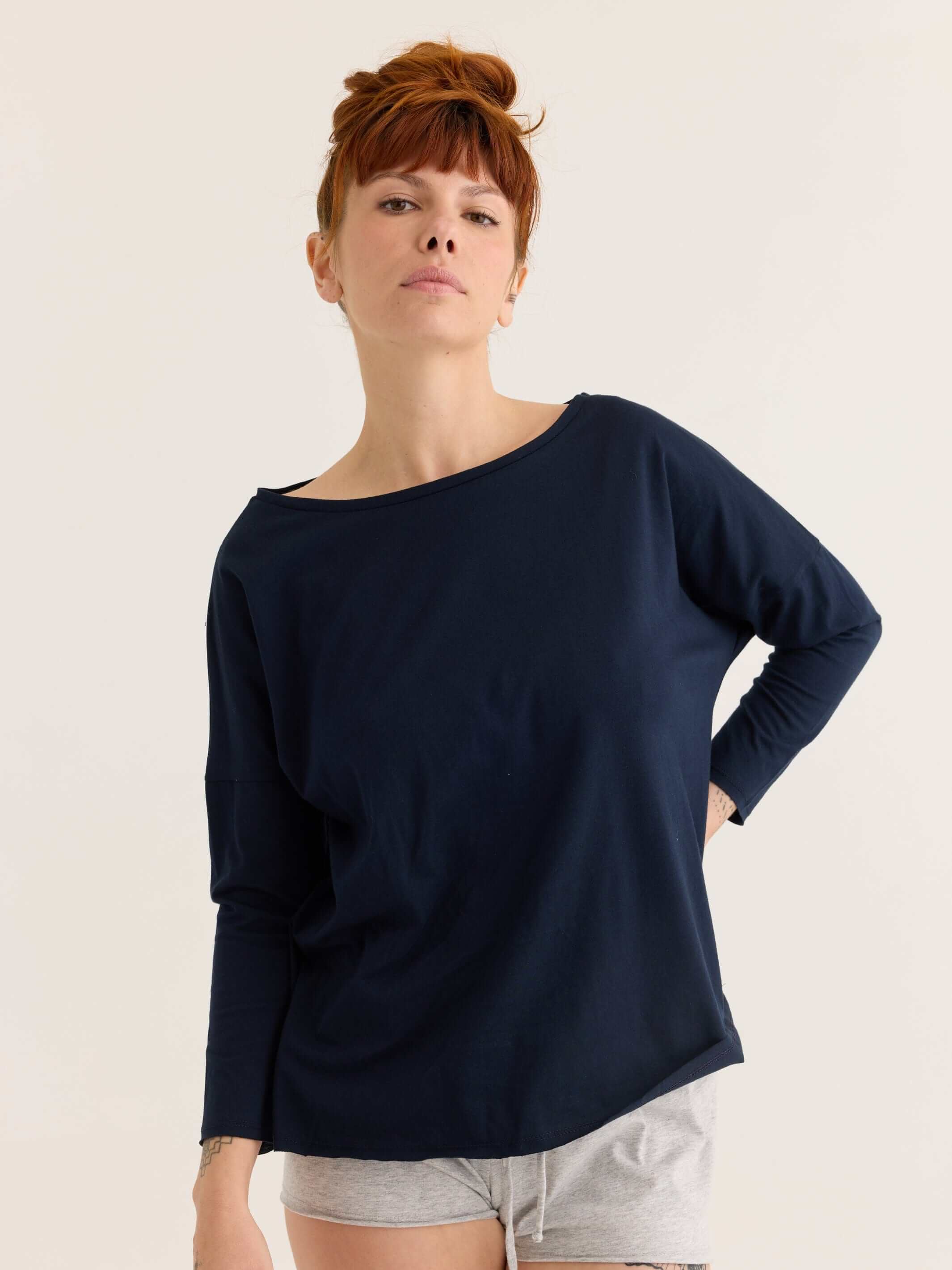 long sleeve tee in navy, front view