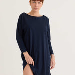 Long sleeve tee dress in navy, worn by a model