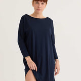 Long sleeve tee dress in navy, worn by a model