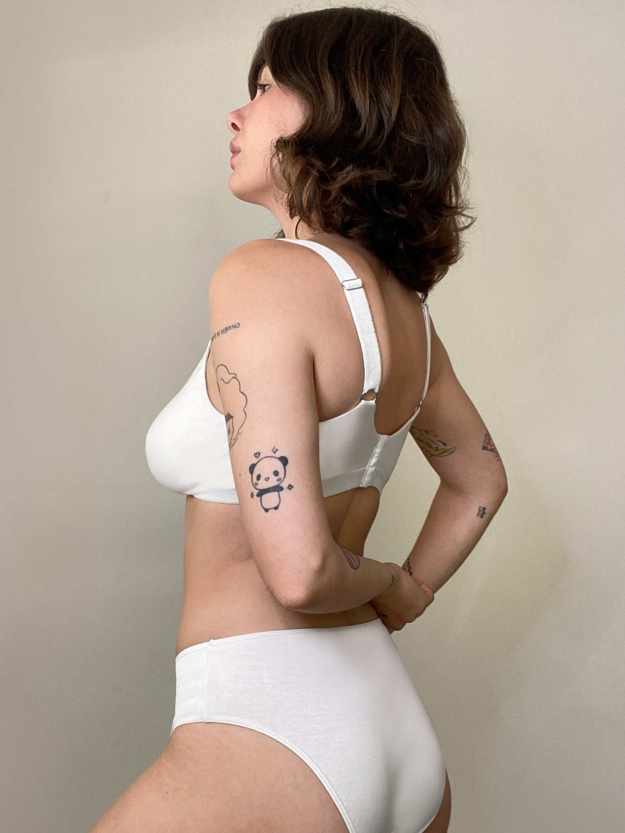 woman wearing cream bra in organic cotton