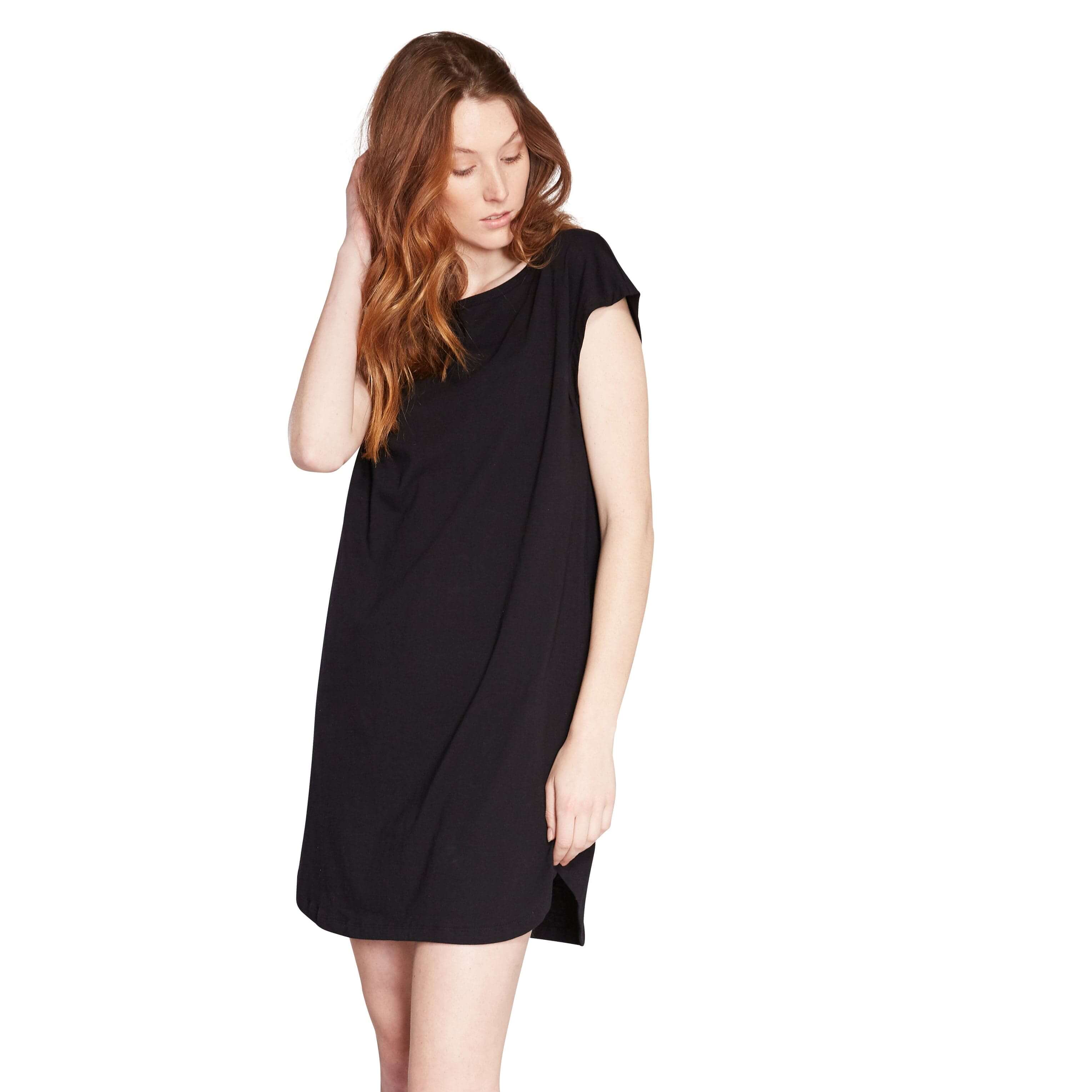 Woman wearing black coloured cotton nightie/long tee dress made in Australia from 100% organic cotton