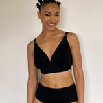 The Very Good Bra V bra and big knickers in black, front view