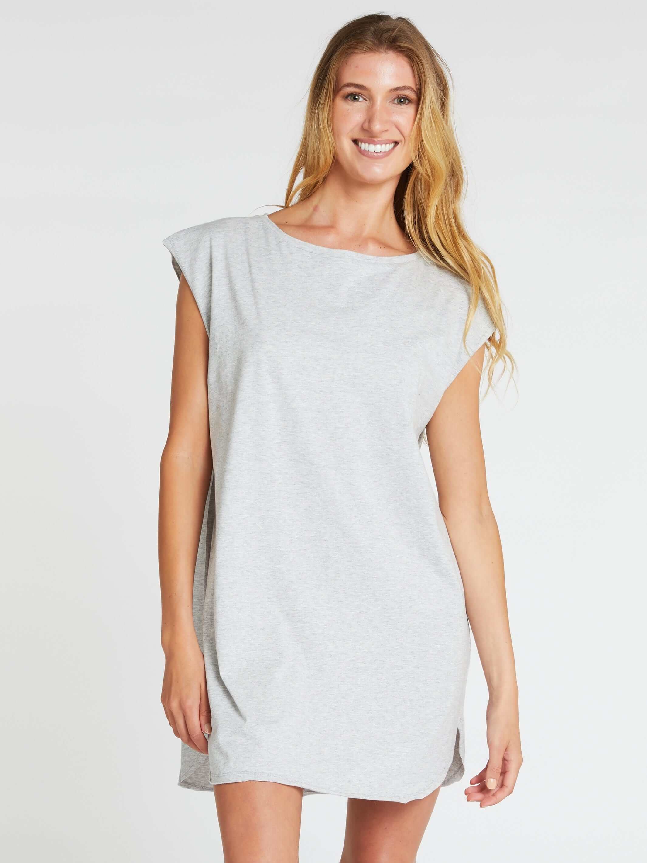 Woman wearing grey marl long tee dress made in Australia from 100% organic cotton
