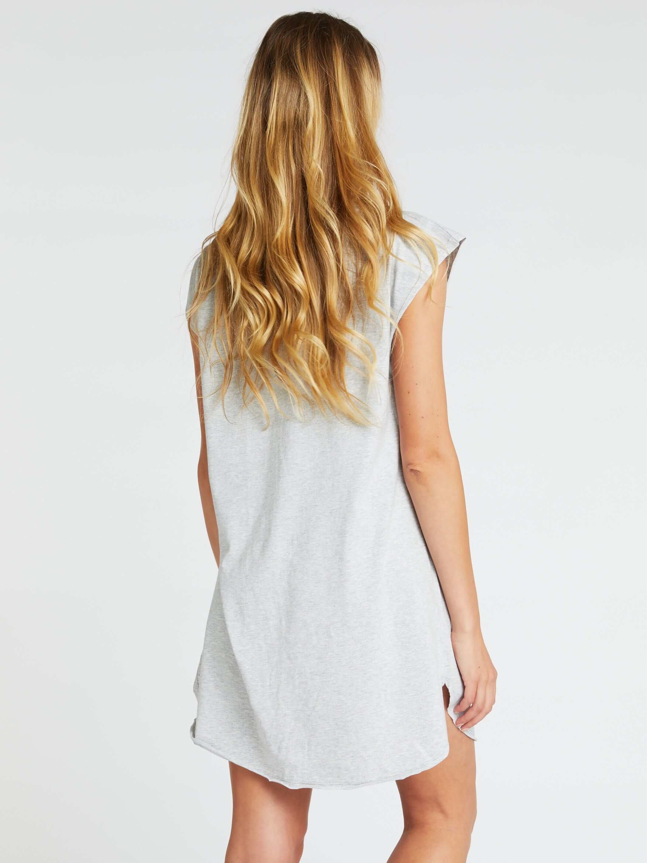 Woman wearing grey marl cotton nightie in organic cotton