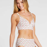 woman wearing floral print bra and high waisted briefs in Liberty Fabric print