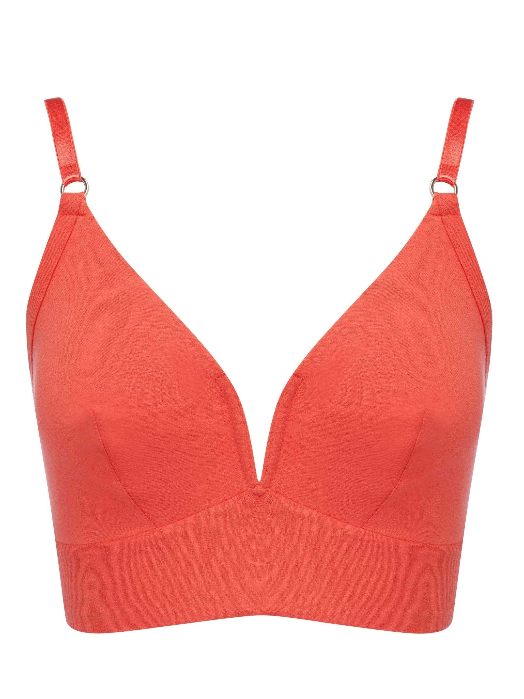 V for Victory Bra in poppy, on a ghost mannequin