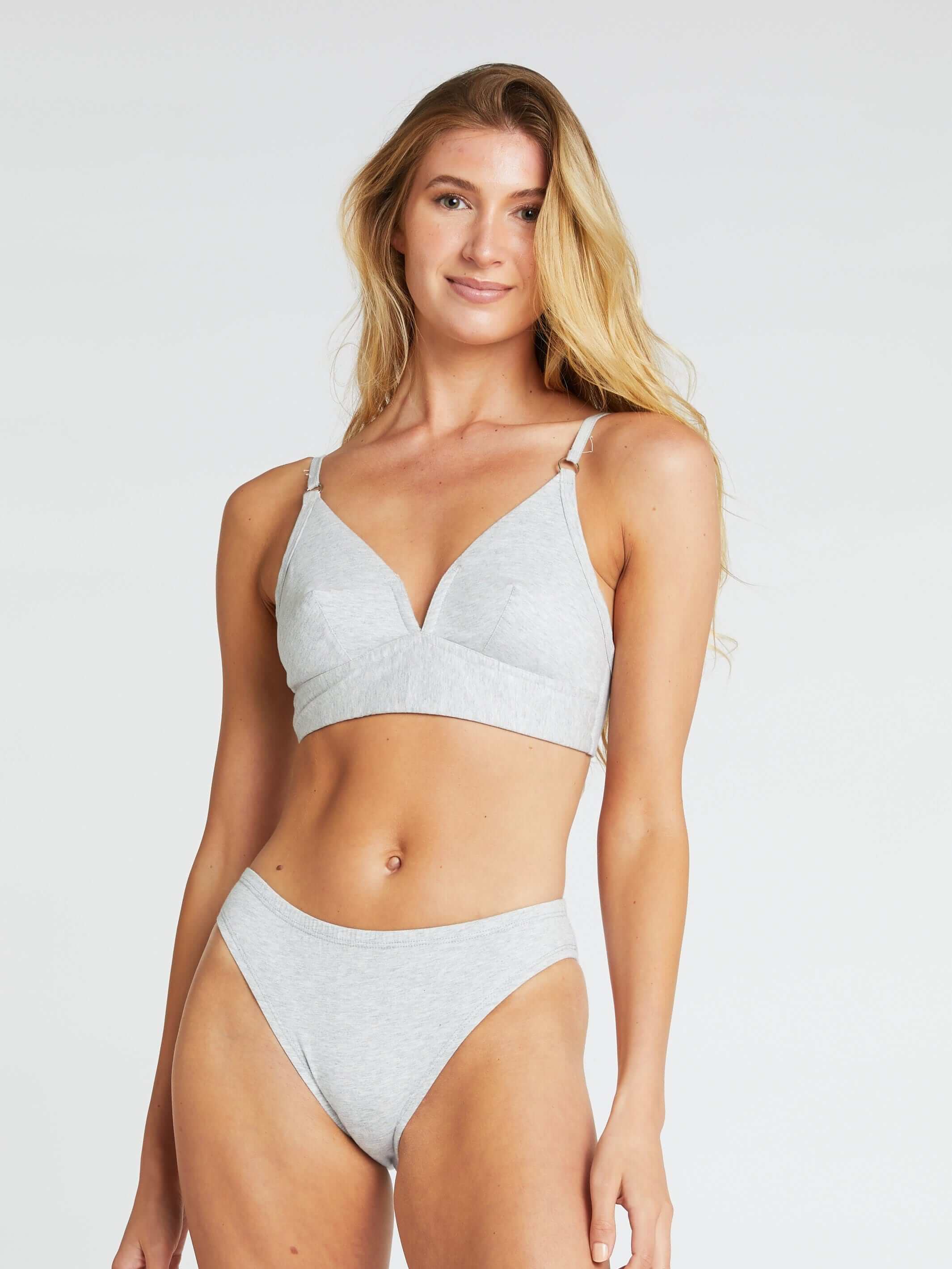 woman wearing grey marle bra and matching high leg briefs in organic cotton