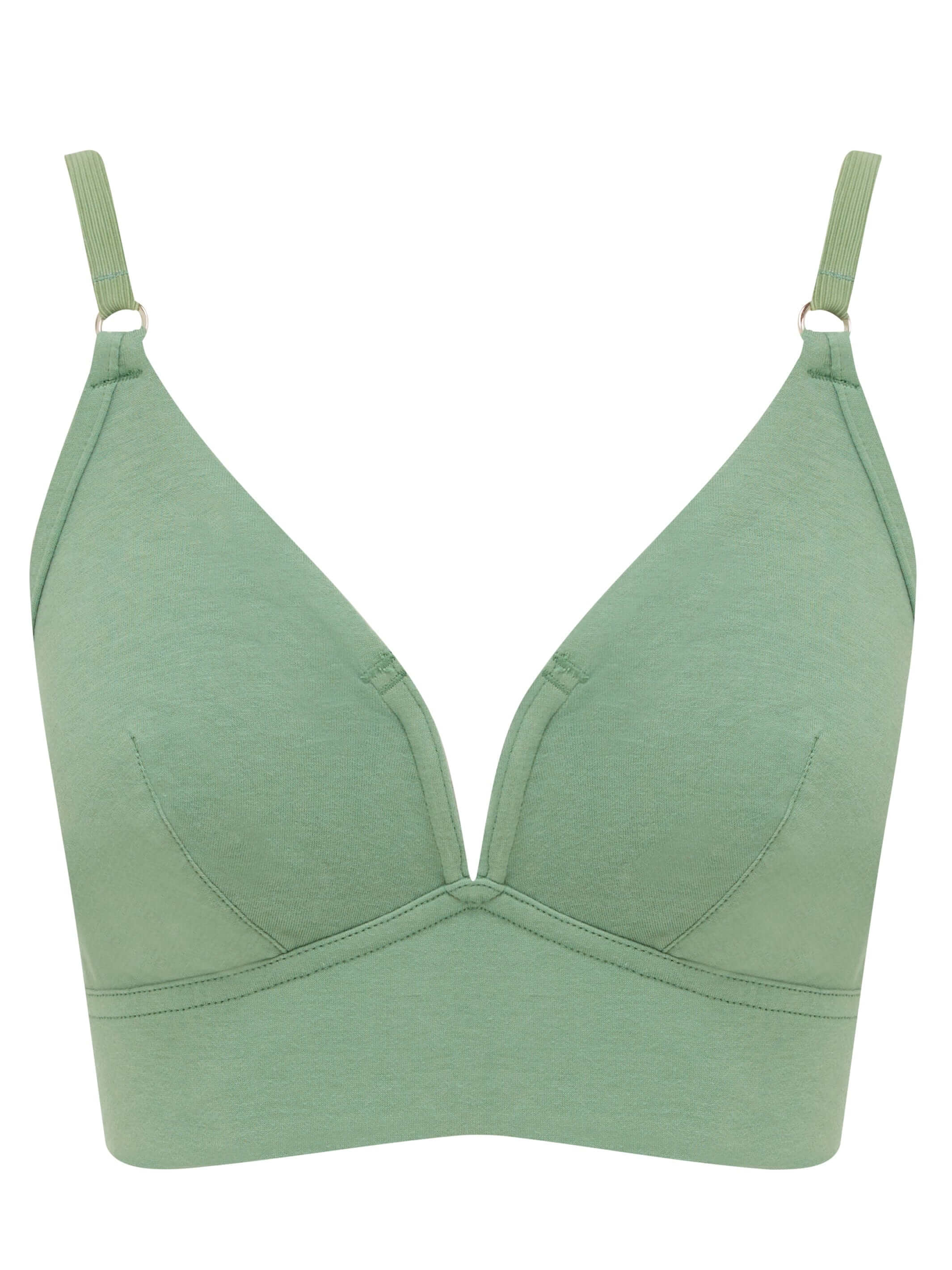 V for Victory Bra in sage, on a ghost mannequin